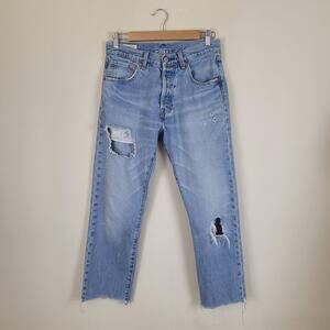 Levis 501 93 Jeans Men 29 Light Wash Blue Denim Distressed Straight Crop Raw Hem